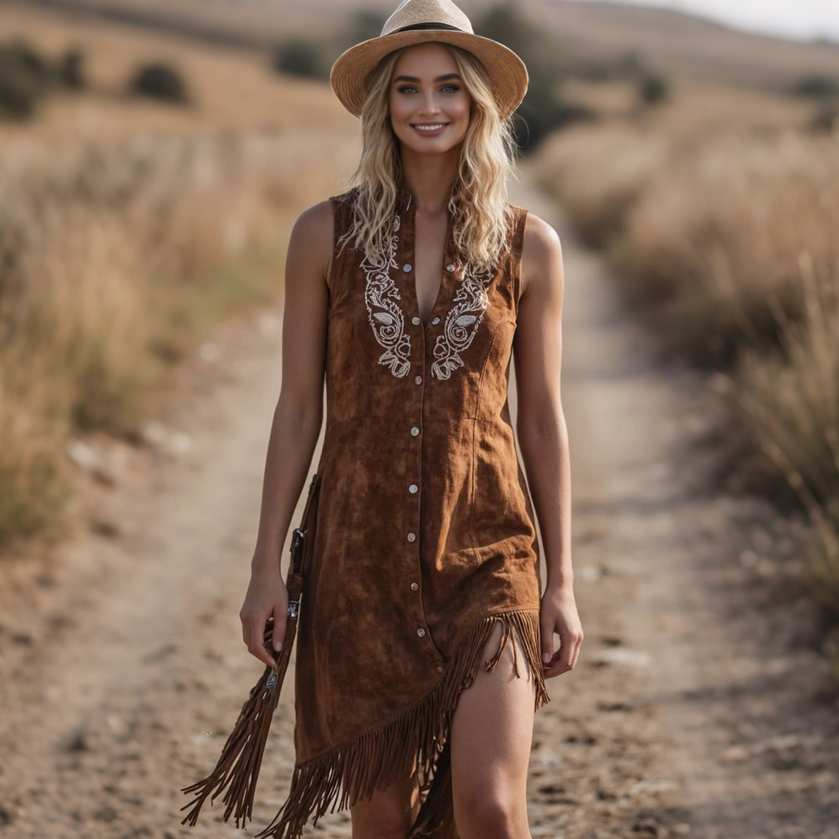 Women's Vintage Western Paisley Brown Suede Vest Dress