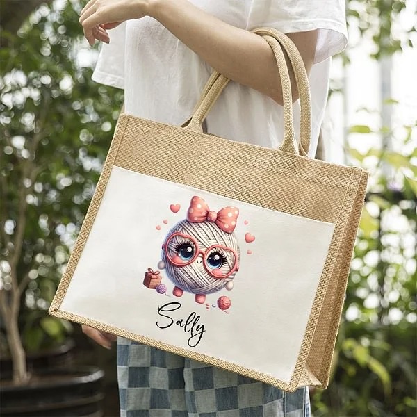 Personalized Cute Bow Cartoon Crochet Pattern Large Jute Tote Bag with Name Travel Accessories Birthday Holiday Gift for Knitting Lovers Women