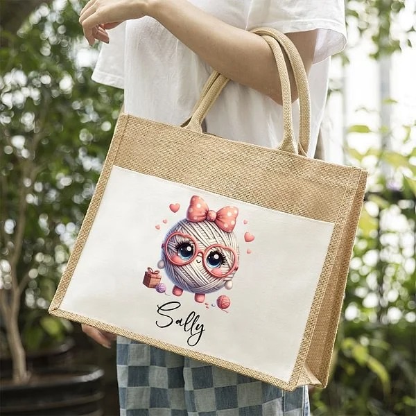 Personalized Cute Bow Cartoon Crochet Pattern Large Jute Tote Bag with Name Travel Accessories Birthday Holiday Gift for Knitting Lovers Women