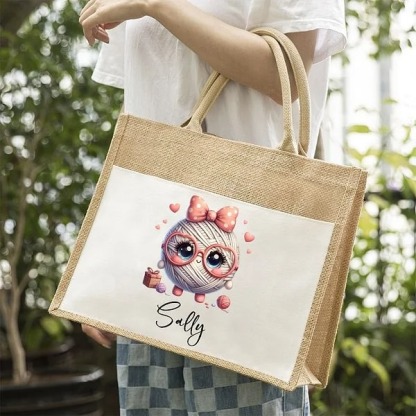 Personalized Cute Bow Cartoon Crochet Pattern Large Jute Tote Bag with Name Travel Accessories Birthday Holiday Gift for Knitting Lovers Women