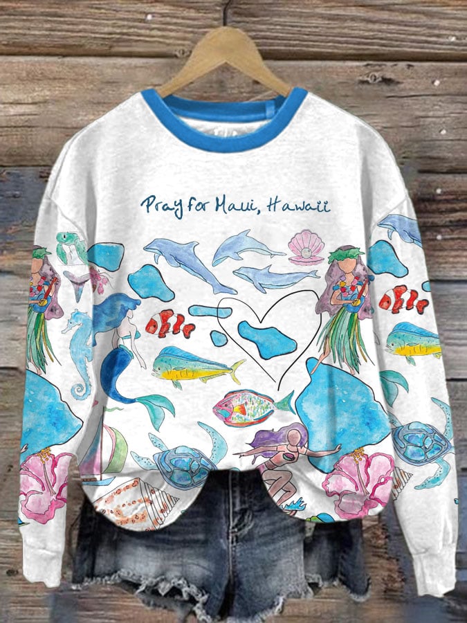 Women's Pray For Maui Print Crew Neck Sweatshirt