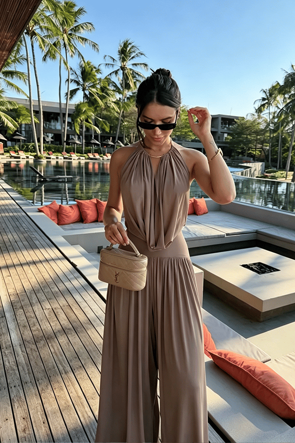 Halter-Neck Backless Bodysuit & Wide Leg Pants Set（Buy 2 Free Shipping）