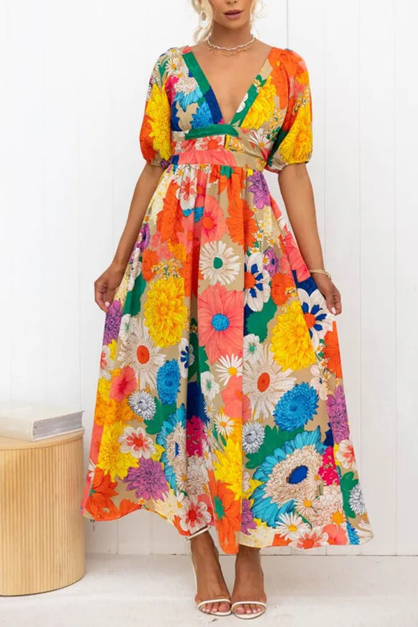 Floral Frenzy Printed Puff Sleeve Back Smocked Maxi Dress