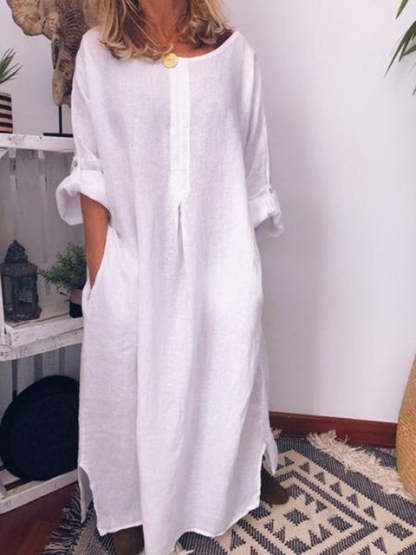 women's cotton and linen solid color loose dress