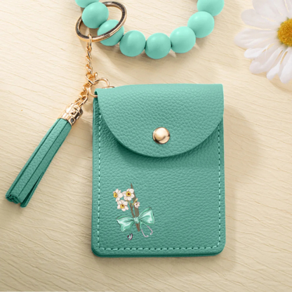 Personalized Birth Flower Bow-knot Stethoscope Tassel Keychain Wristlet Leather Wallet  Gift