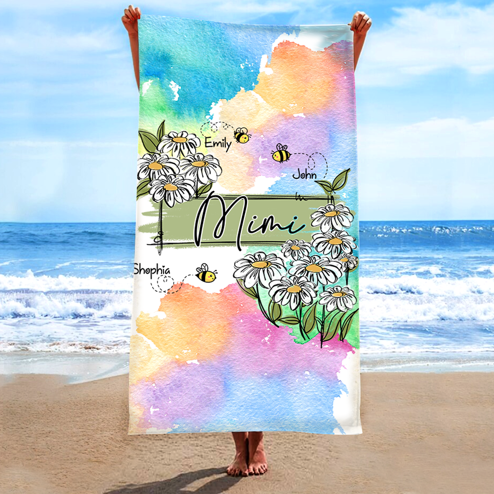 Personalized Summer Beach Towels, Daisy Flowers Gifts for Grandma and Custom Baby Bees, Summer Beach Towels