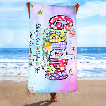 Personalized Summer Beach Towels, Flowers Gifts Grandma, Custom Nickname And Kids, Summer Beach Towels