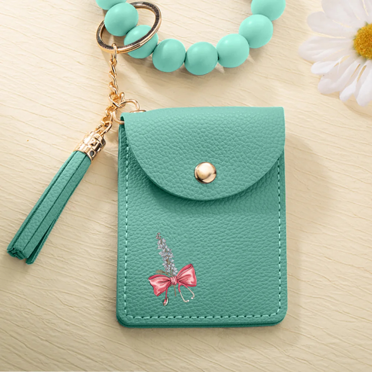 Personalized Birth Flower Bow-knot Stethoscope Tassel Keychain Wristlet Leather Wallet  Gift