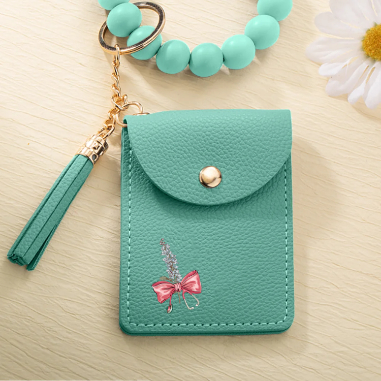 Personalized Birth Flower Bow-knot Stethoscope Tassel Keychain Wristlet Leather Wallet  Gift