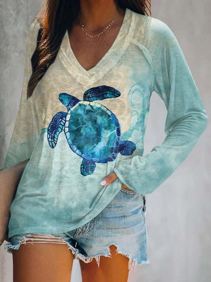 Women's Casual Sea Turtle Print Long Sleeve T-Shirt
