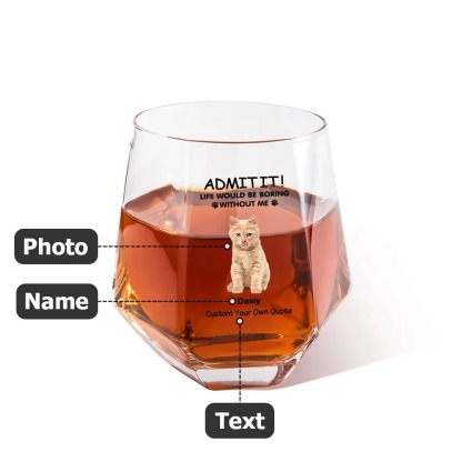 Personalized 1-4 Pet Portraits Diamond Shaped 10oz Whiskey Glasses and Slate Coaster with Name and Text Birthday Gift for Dog Cat Lovers