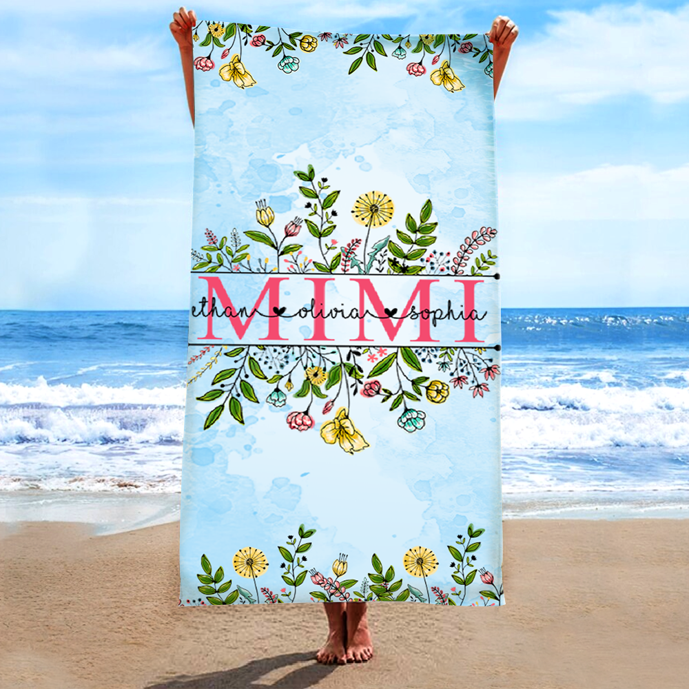 Personalized Summer Beach Towels, Flowers Gifts for Mimi and Custom Kids , Summer Beach Towels