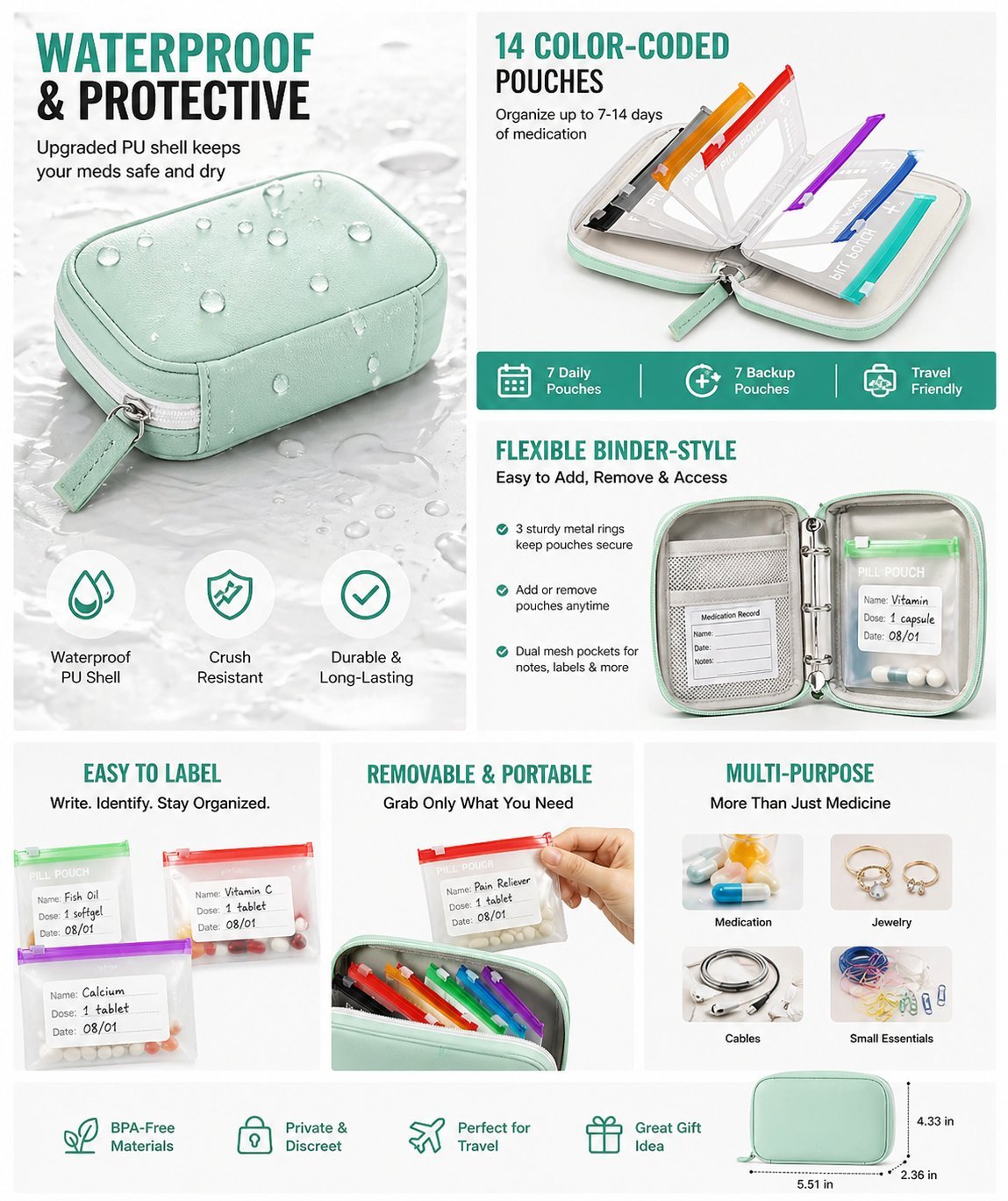 🏆💊Flash Sale⚡ Waterproof Pill Organizer Pouch Set – 14 Removable, Color-Coded Bags, Easy to Label & Refill🔥 Buy 2 Free Shipping