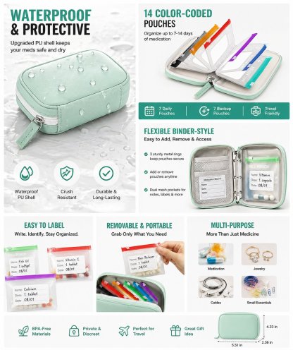 🏆💊Flash Sale⚡ Waterproof Pill Organizer Pouch Set – 14 Removable, Color-Coded Bags, Easy to Label & Refill🔥 Buy 2 Free Shipping