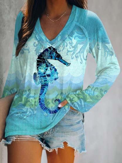 Women's Casual Sea Turtle Print Long Sleeve T-Shirt