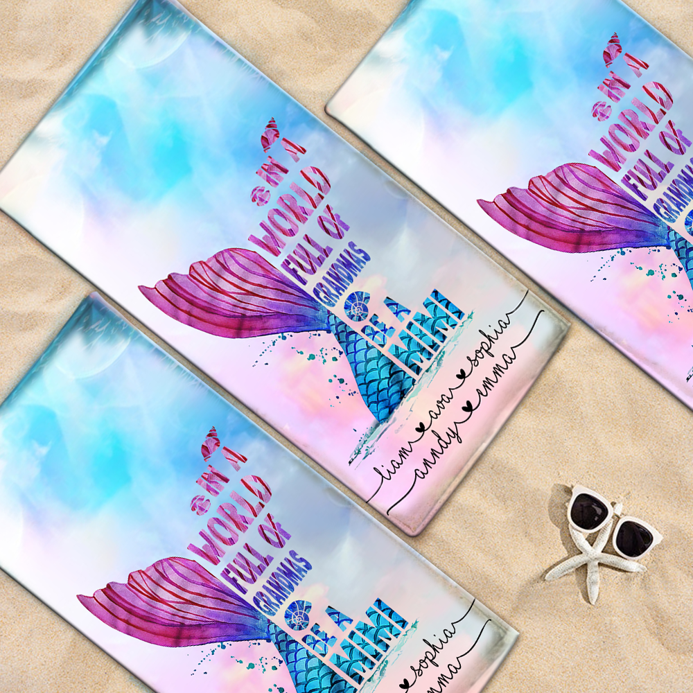 Mermaid Beach Towels, Personalized, Gifts for Grandma in a World Full of Grandmas Be a Mimi and Kids, Bath Towels for Summer Colors