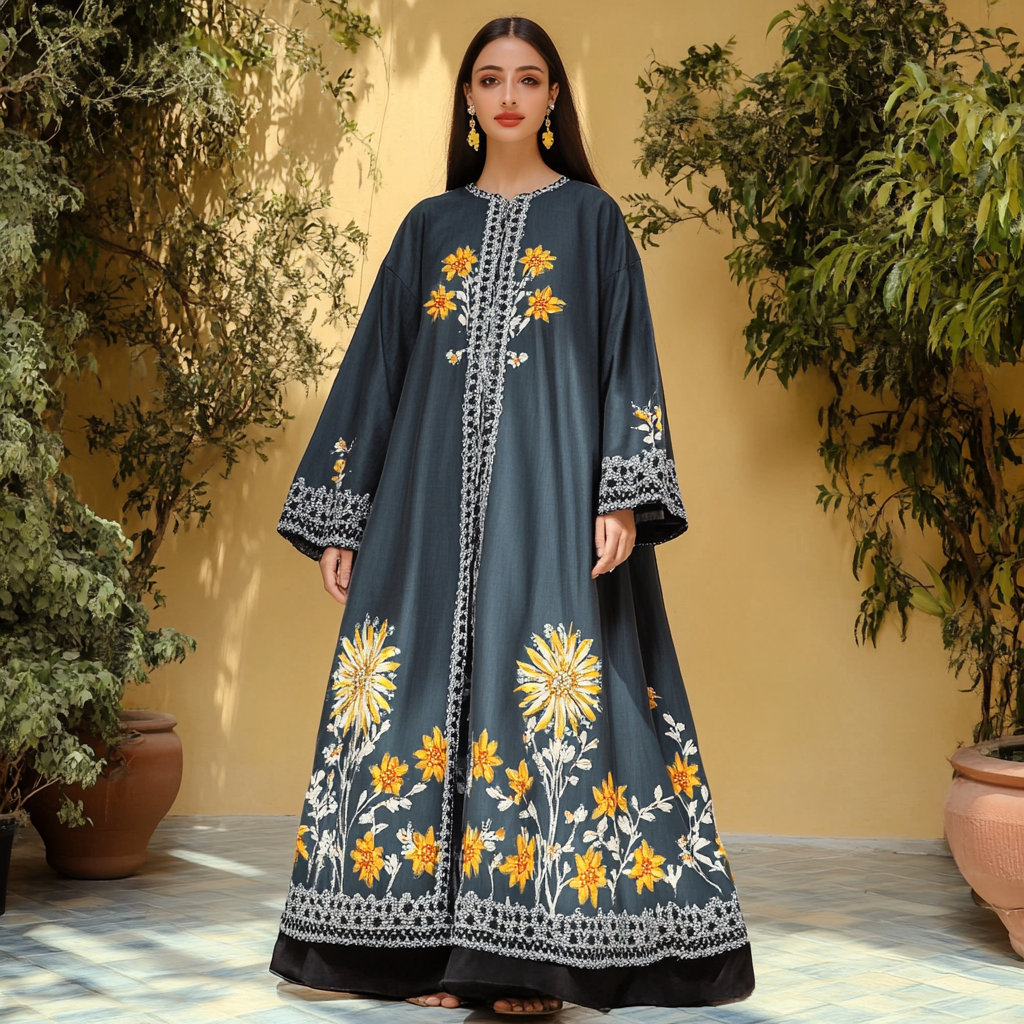 Women's Middle Eastern Floral Print Contrast Color Stitching Temperament Four Seasons Robe Dress