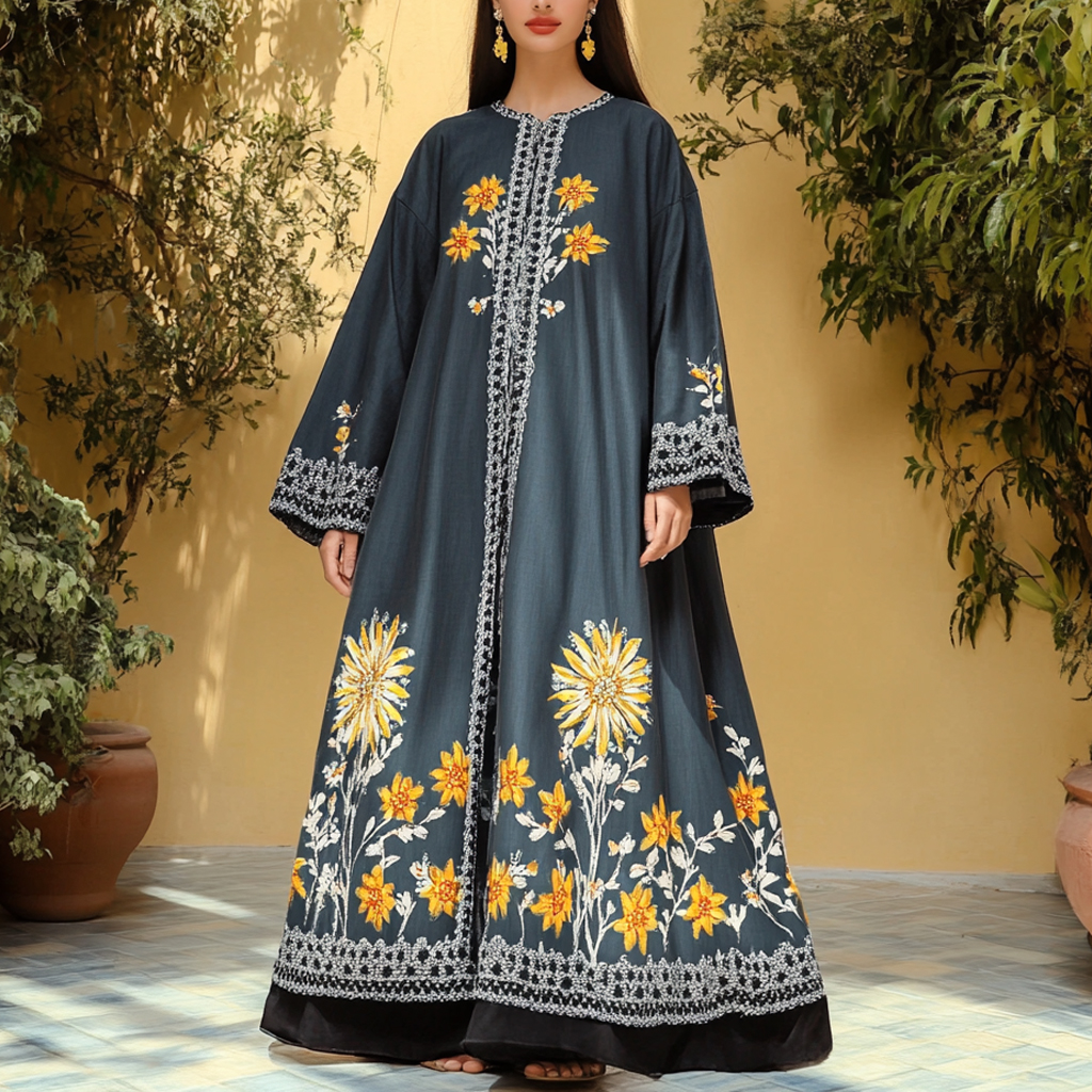 Women's Middle Eastern Floral Print Contrast Color Stitching Temperament Four Seasons Robe Dress