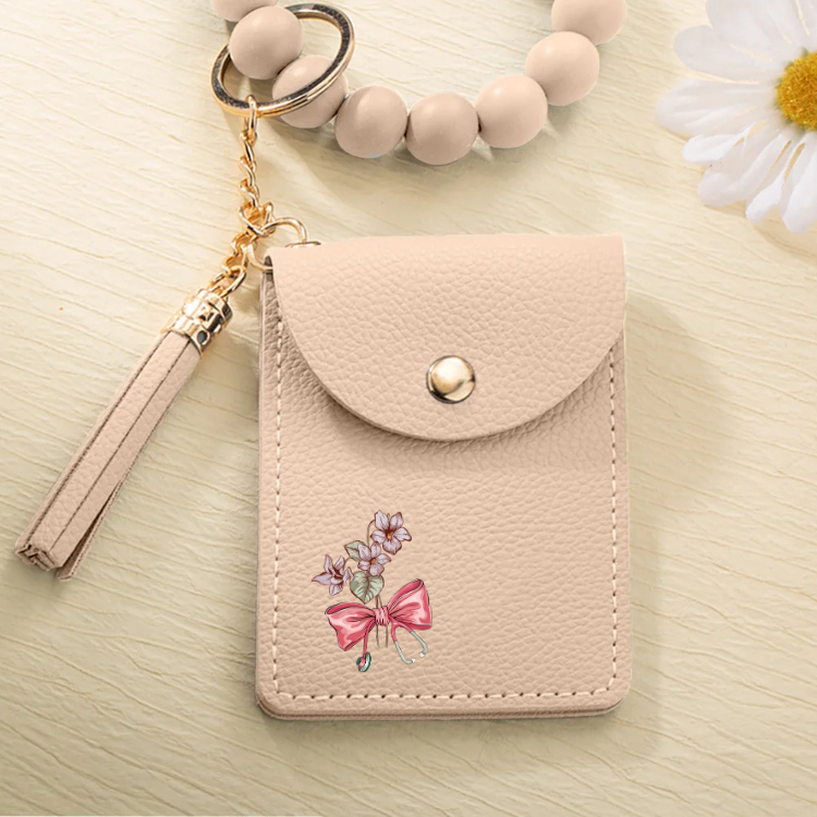 Personalized Birth Flower Bow-knot Stethoscope Tassel Keychain Wristlet Leather Wallet  Gift