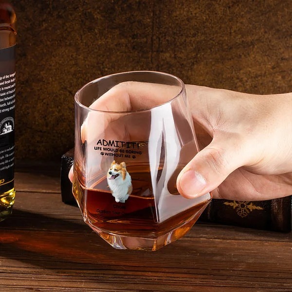 Personalized 1-4 Pet Portraits Diamond Shaped 10oz Whiskey Glasses and Slate Coaster with Name and Text Birthday Gift for Dog Cat Lovers