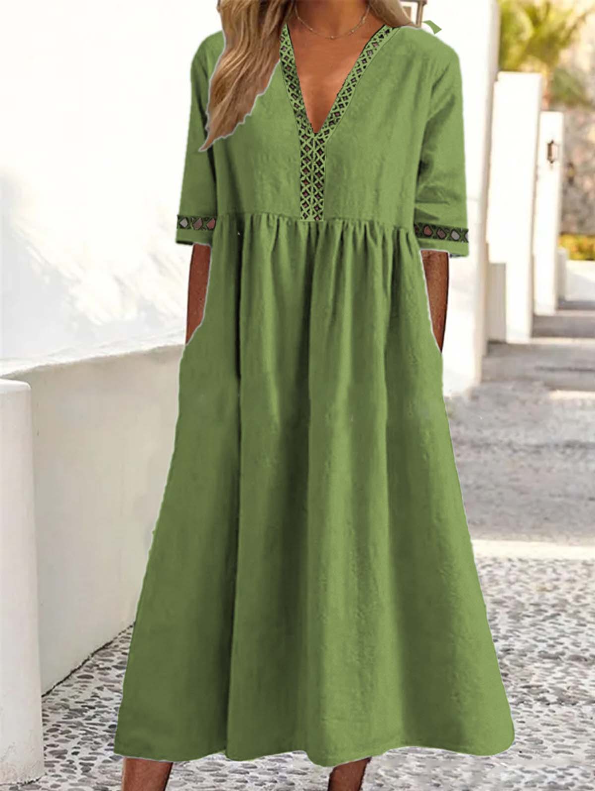 Casual Plain V Neck Hollow Half Sleeve Midi Gathered Dress