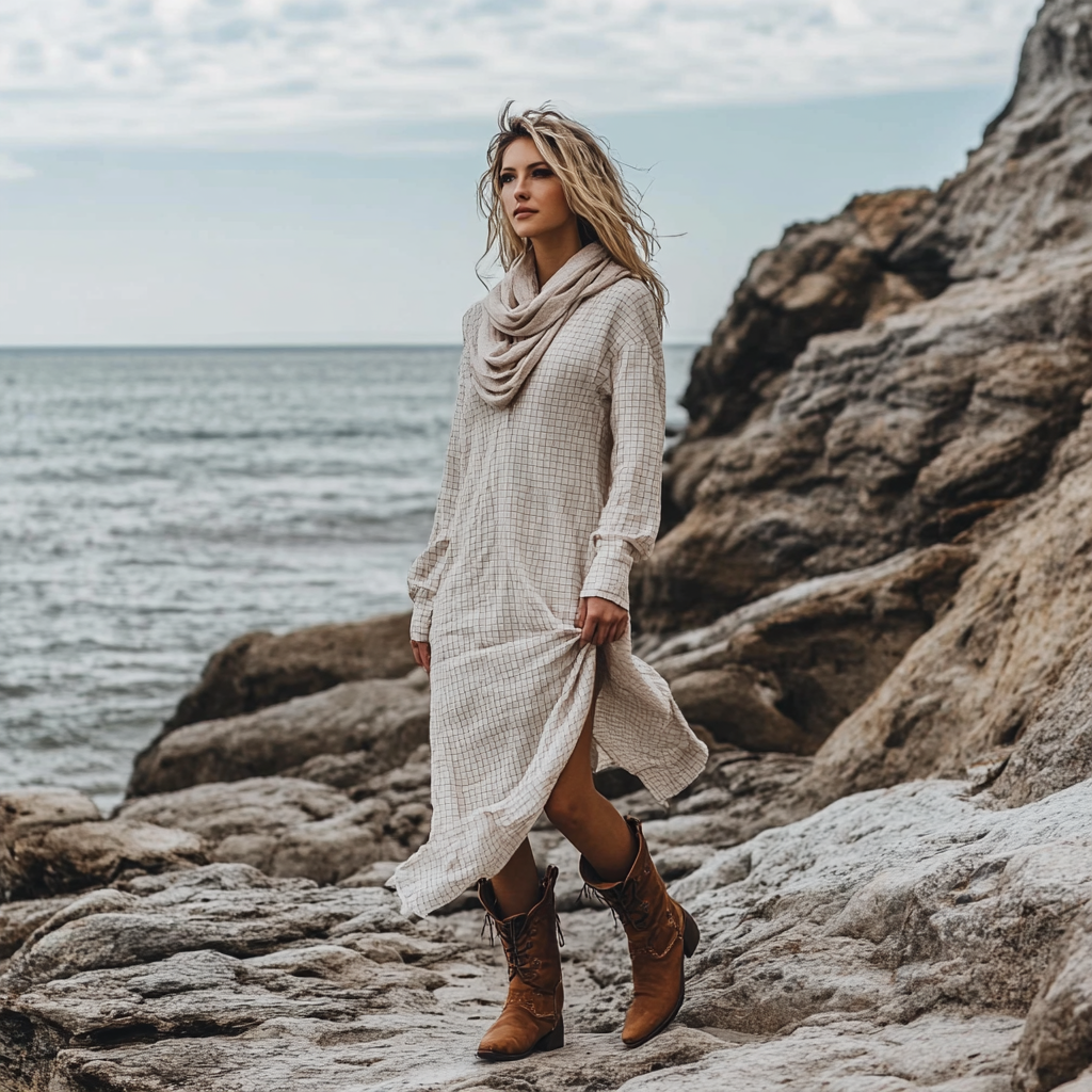 Bohemian Irregular Hem Pile Collar Linen Dress
