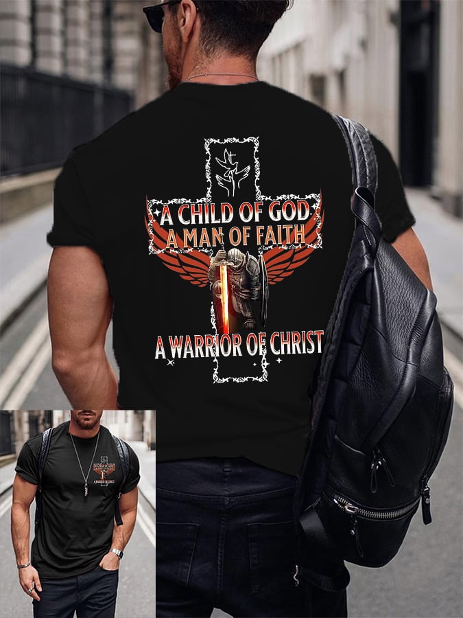 Men‘s Faith A Child of GOD Armor of GOD A Warrior Of Christ Jesus Print Crew Neck T-Shirt