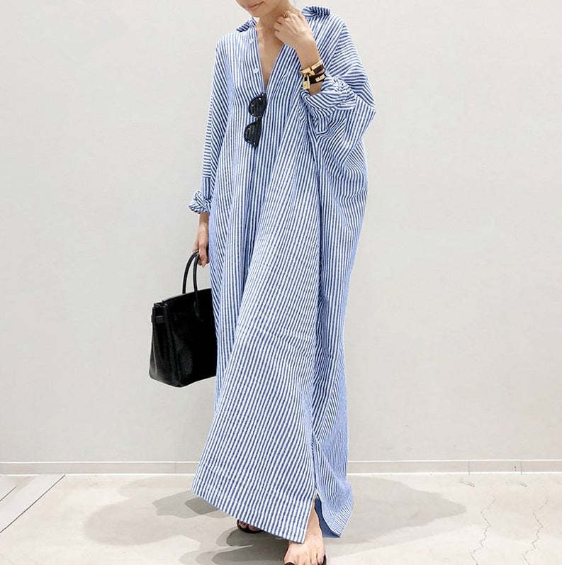 New cotton and linen striped cardigan loose large size temperament commuter irregular dress