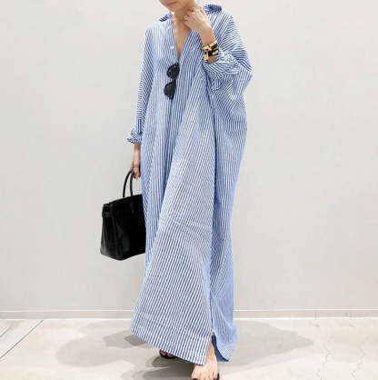 New cotton and linen striped cardigan loose large size temperament commuter irregular dress