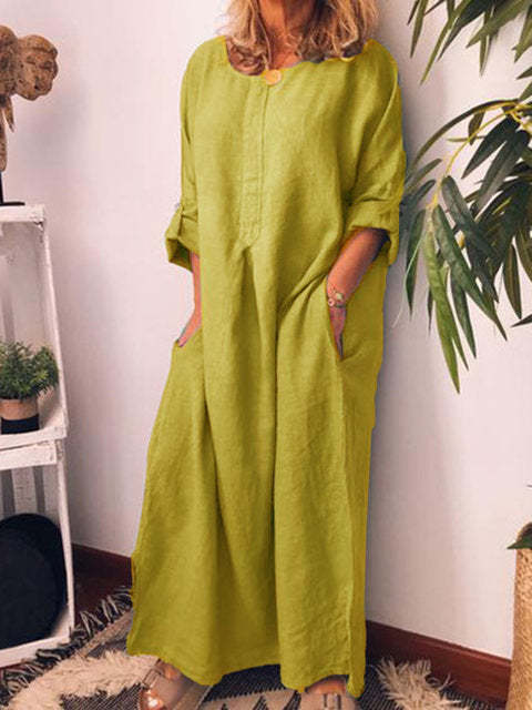 women's cotton and linen solid color loose dress