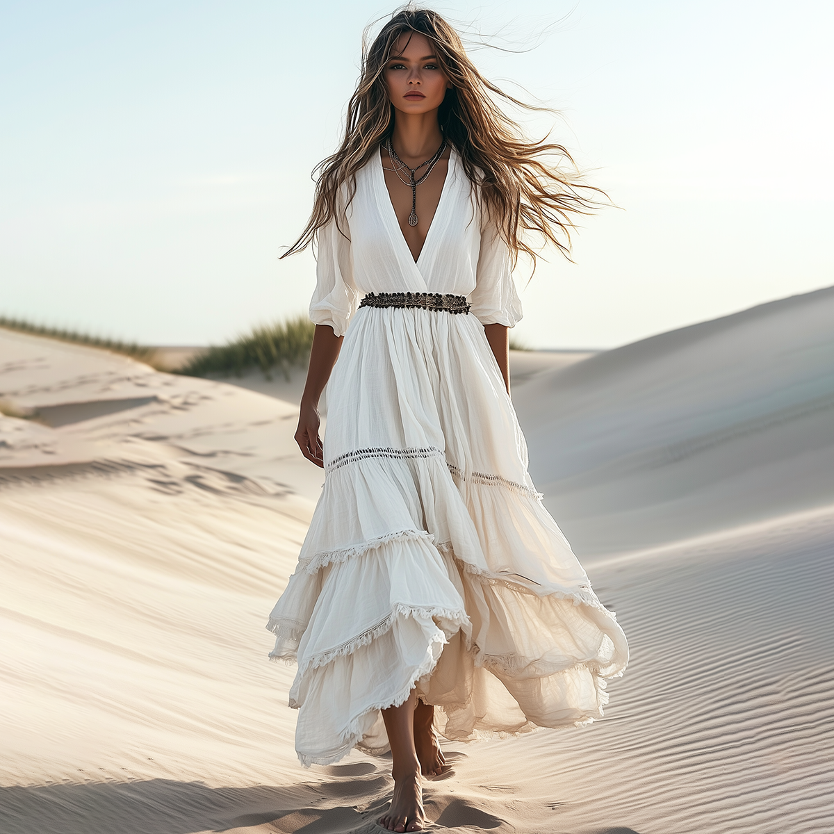 Boho V Neck Cotton And Linen Mid Sleeve Maxi Dress