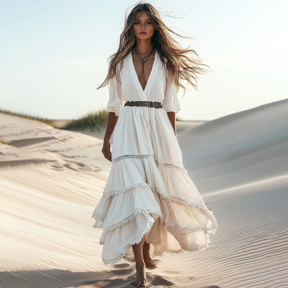 Boho V Neck Cotton And Linen Mid Sleeve Maxi Dress