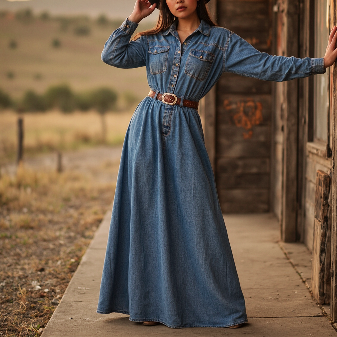 Women's Vintage Blue Denim Maxi Dress With Belted Waist