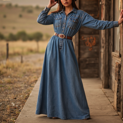 Women's Vintage Blue Denim Maxi Dress With Belted Waist
