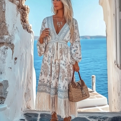 Women's V-neck Bohemian Resort Style Fringed Maxi Dress