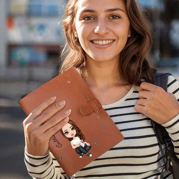 Personalized Birth Flower Name Cartoon A5 Sketchbook Notebook Leather Cover with Storage Pocket Birthday Family Gift for Students Officer Workers