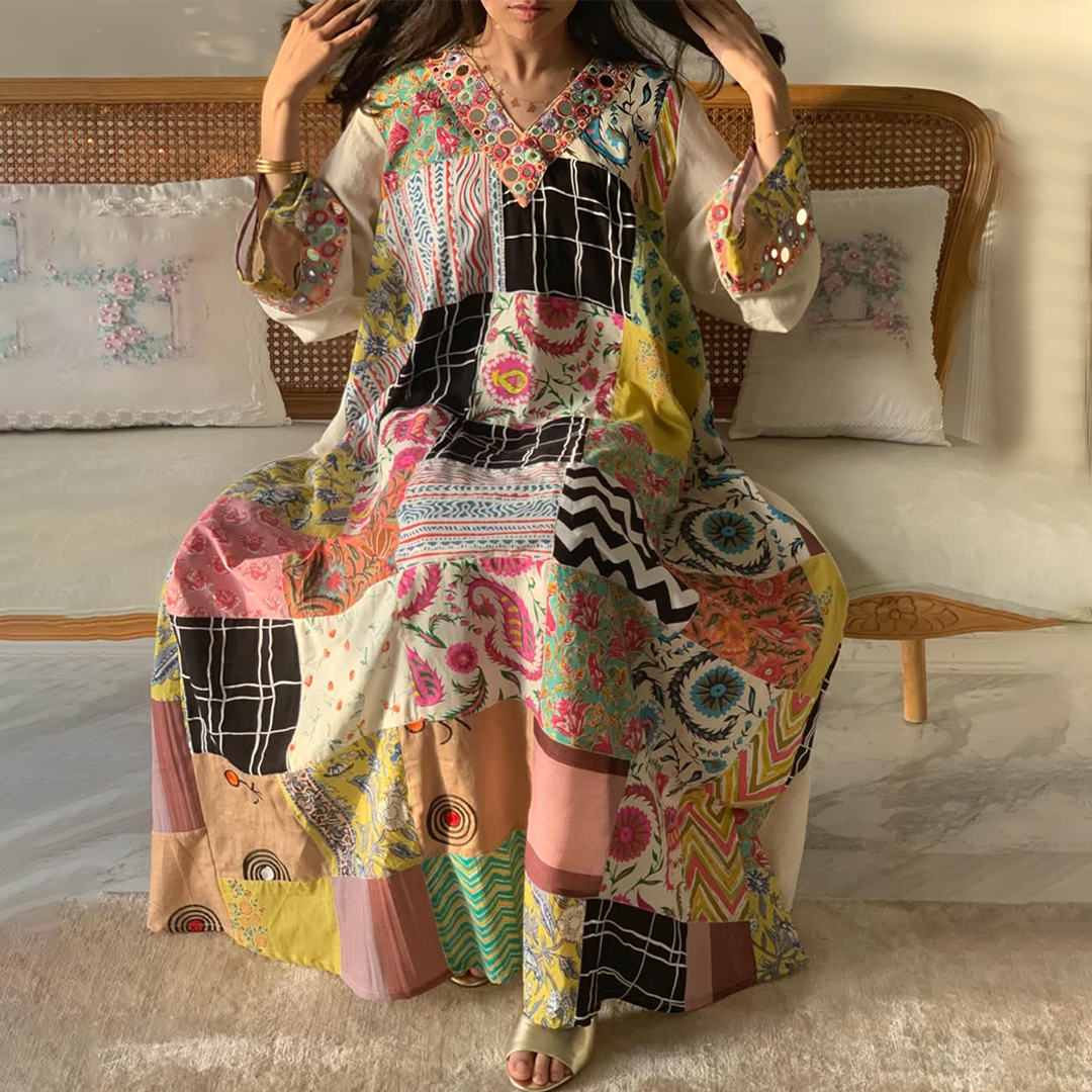 Women's Middle Eastern Retro Patchwork Pattern Printed Jalabiyas Dress