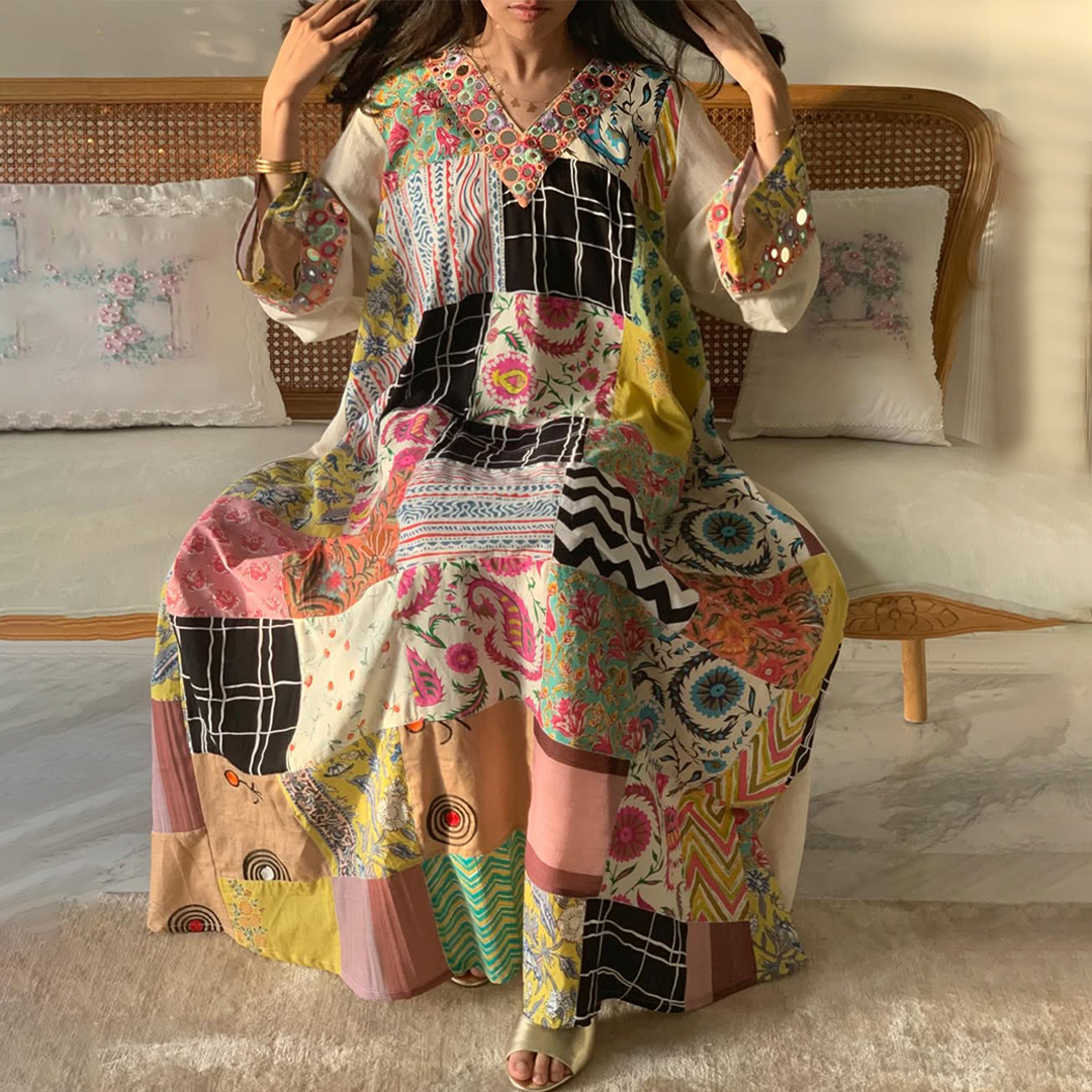 Women's Middle Eastern Retro Patchwork Pattern Printed Jalabiyas Dress
