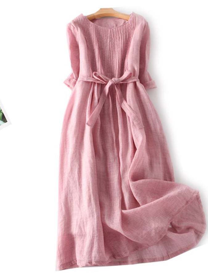 Cotton And Linen Lace Up Three Quarter Sleeve Solid Color Dress