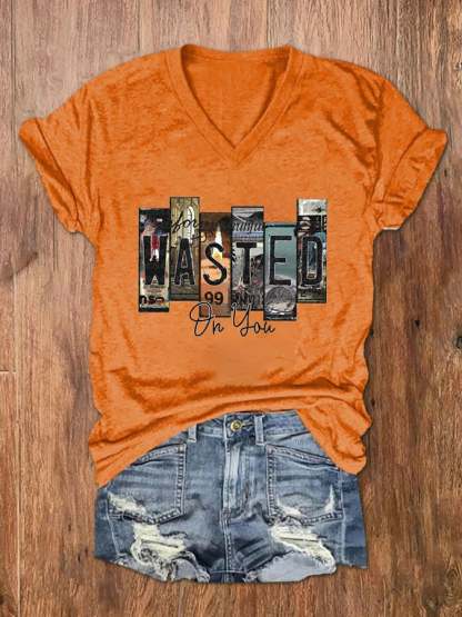 Women's Wallen Wasted On You Print V-Neck Basic T-Shirt