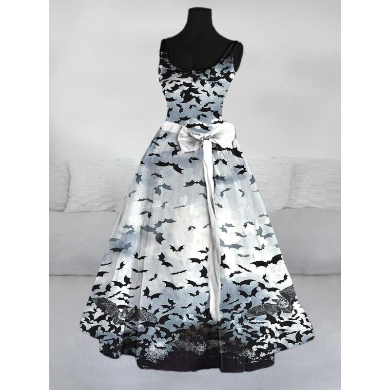 Halloween Women's Bat Print Sleeveless Gown Dress