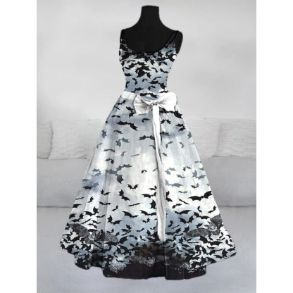Halloween Women's Bat Print Sleeveless Gown Dress