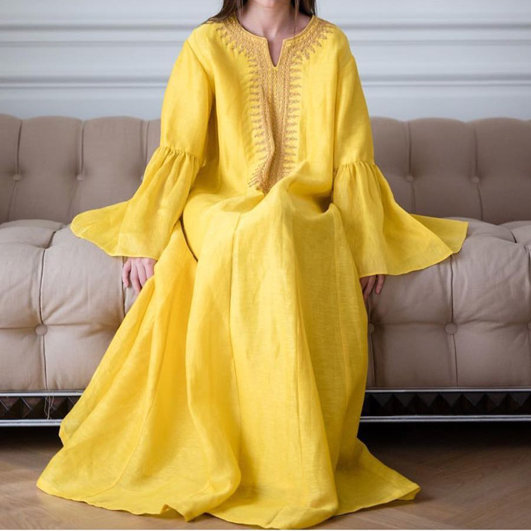 Women's Solid Color Linen Trumpet Sleeve Abaya Dress