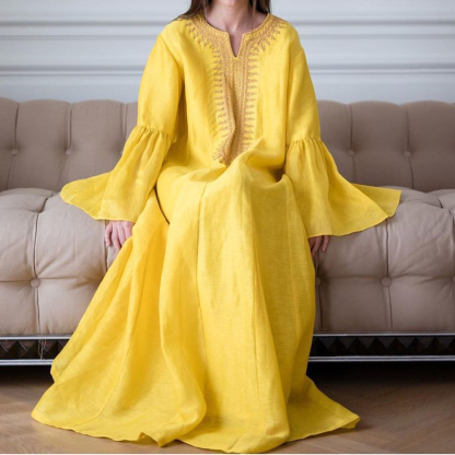 Women's Solid Color Linen Trumpet Sleeve Abaya Dress