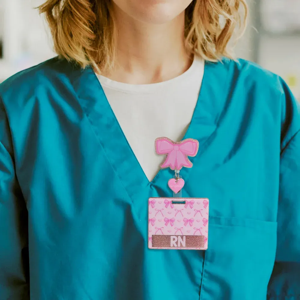 Personalized Pink Glitter Coquette Bow Heart Badge Reel with Name and Text Gift