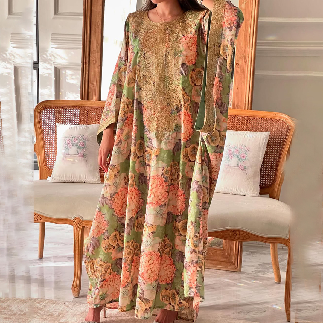 Womens Middle Eastern Vintage Floral Art Jalabiyas Dress
