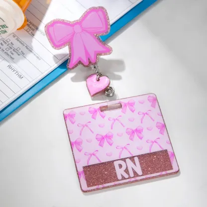 Personalized Pink Glitter Coquette Bow Heart Badge Reel with Name and Text Gift