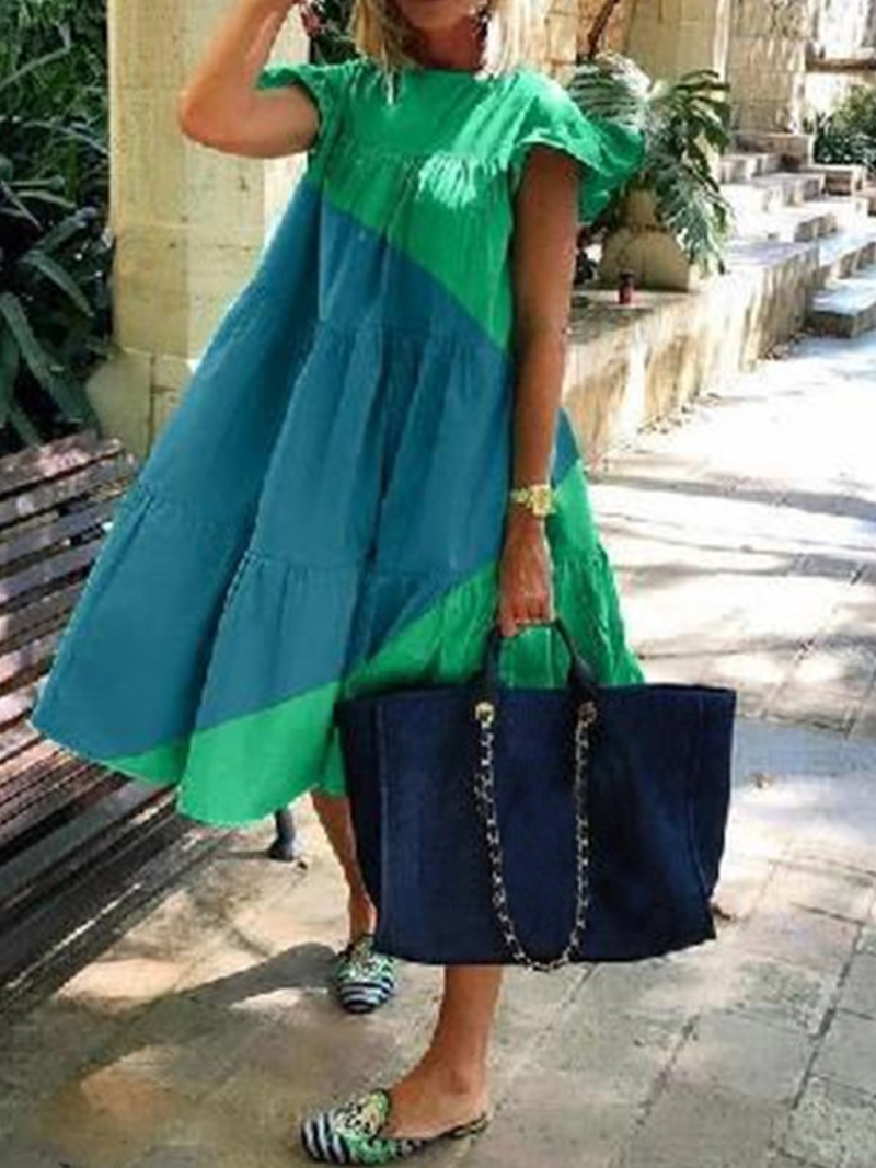 Women Summer Colorblock Holiay Vintage Ruffled Party Dresses