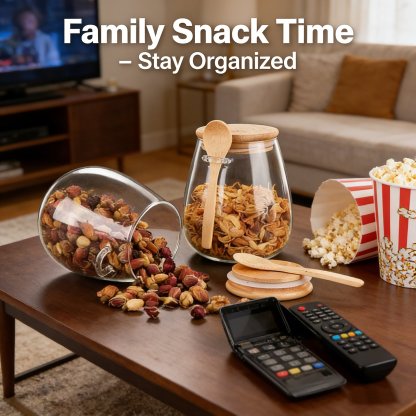 Sealed Glass Storage Jar with Bamboo Lid, Leak-Proof, Wide Mouth Design, Spoon Included 🍶🌿