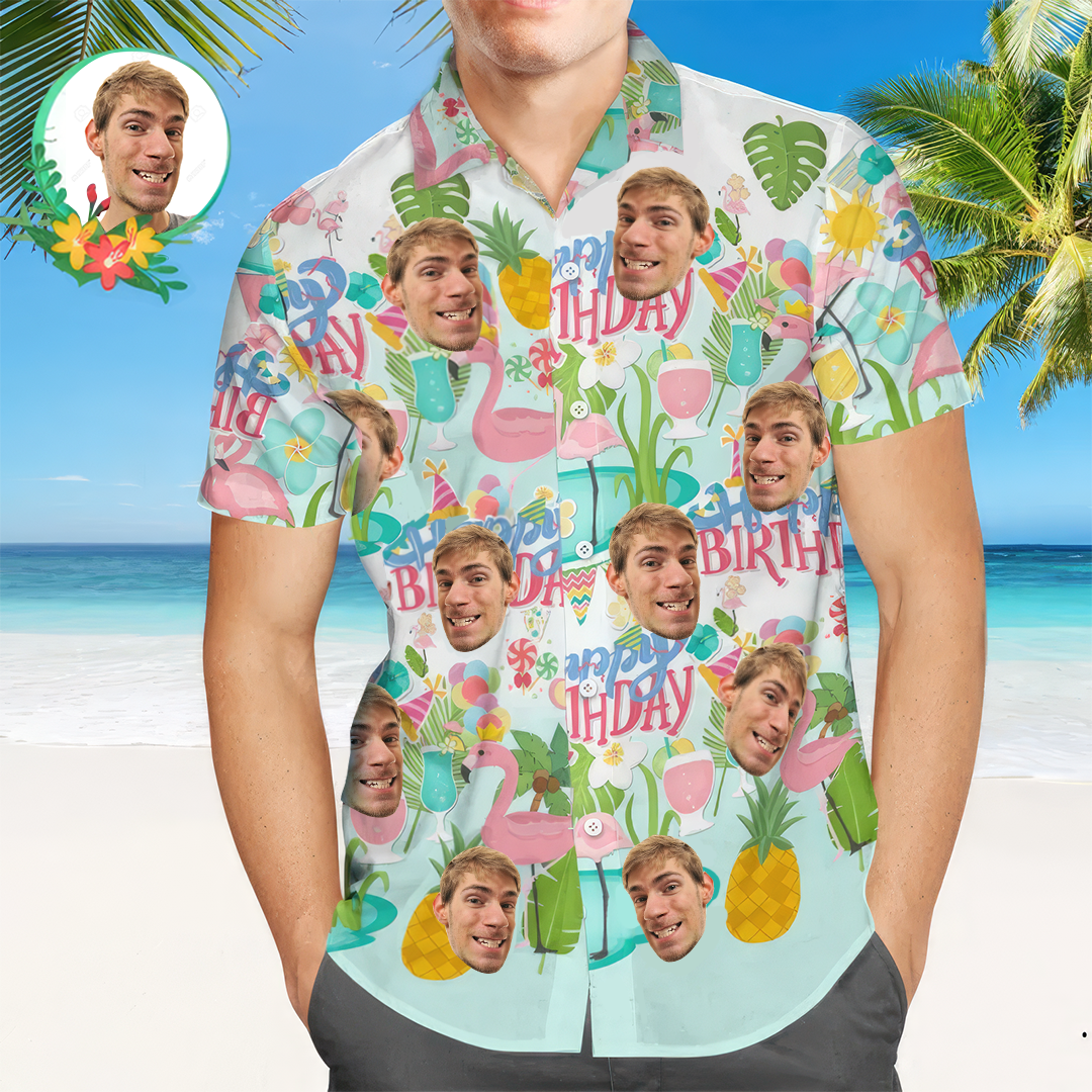 Custom Happy Birthday Hawaiian Shirt Flamingo Party Personalized Face Shirt
